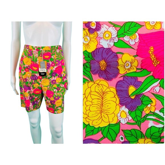 Vintage 1960s Neon Deadstock Pink Floral Print High Waist Shorts | W 25 - Picture 2 of 10